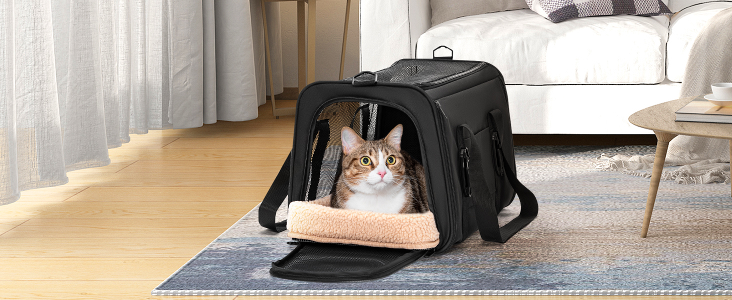 Переноска для кота та собаки Petsfit - чорна, розмір M (45.5 x 28 x 28 см) з м'яким килимком