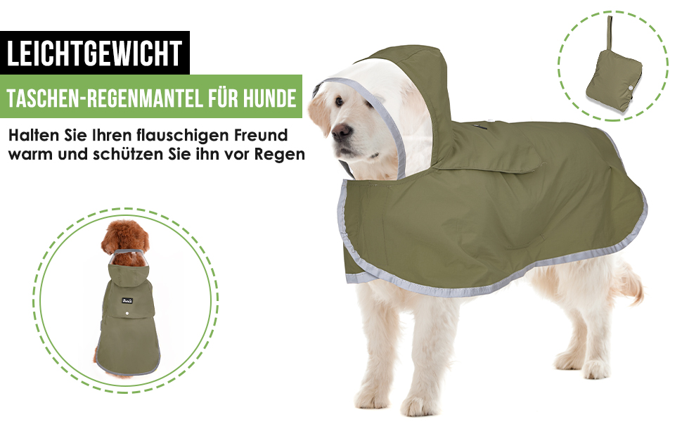 Легкий водонепроникний дощовик для собак з капюшоном, XS-XXL, з регулюванням та світловідбиваючими смугами, з кишенею