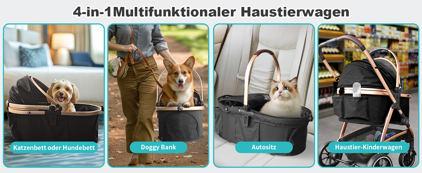 Візок для собак DAISTERN, чорний, до 25 кг, 4-в-1, алюмінієвий, з поворотним колесом EVA та гальмом