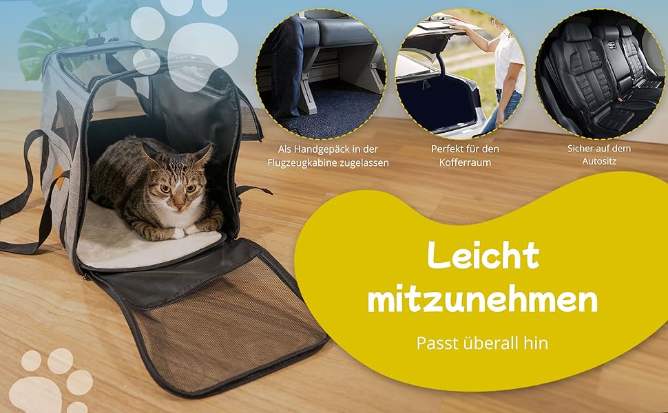 TREKAM Транспортний бокс для котів та маленьких собак з мискою, ковдрою, ременем на плече та м'якою підкладкою - для автомобіля та літака