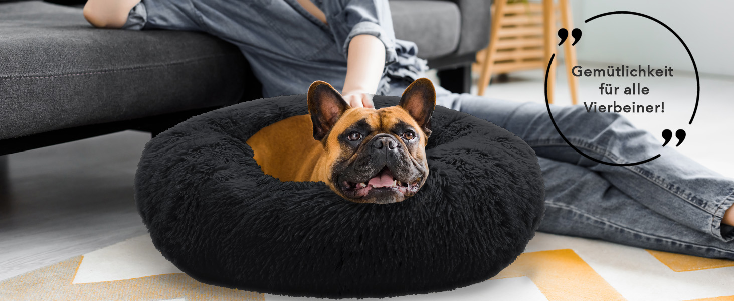 Ортопедичне ліжко для собак середніх порід, 80 см, кільцевий килимок, пам'ять, кругла форма, корзина для собак, м'яке, пухнасте, штучне хутро, чорний колір