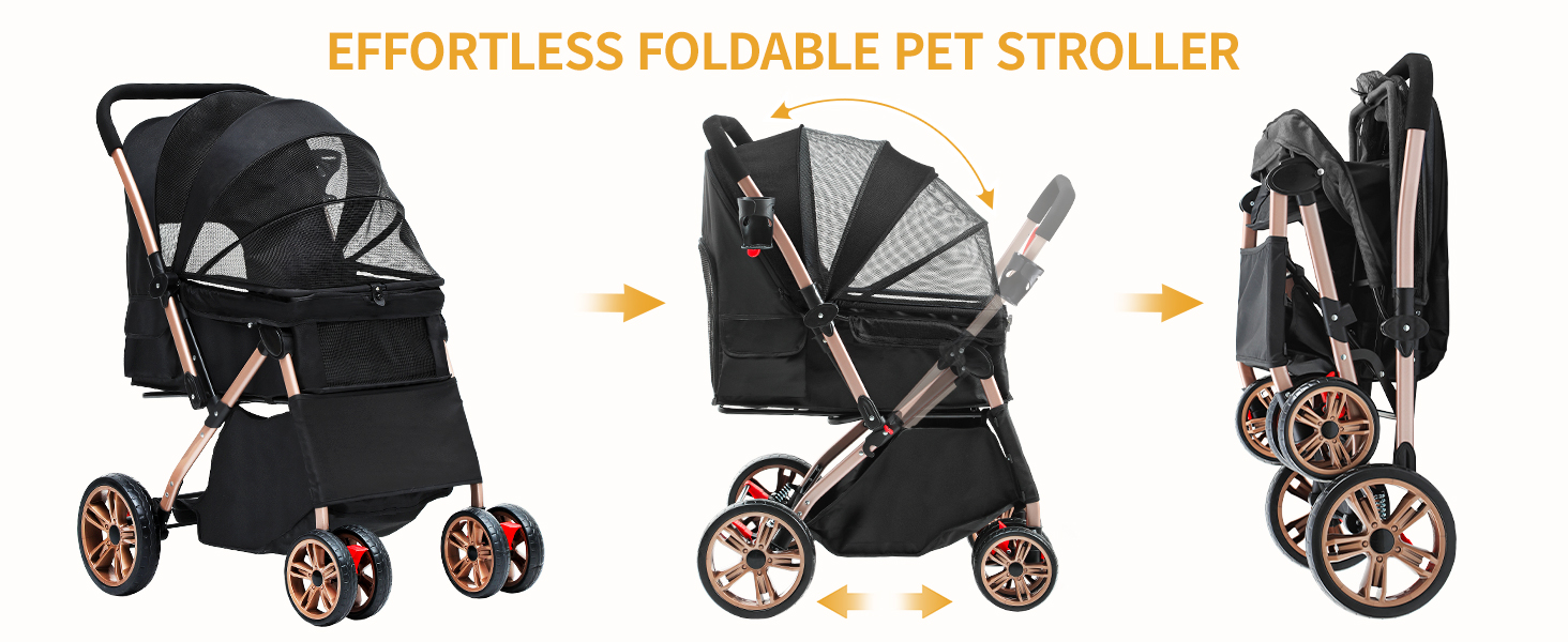 Візок для собак DWVO 3-в-1: візок, переноска, сумка. До 22 кг, EVA-колеса, сітчасті вікна, чорний (58,5x76x105 см)