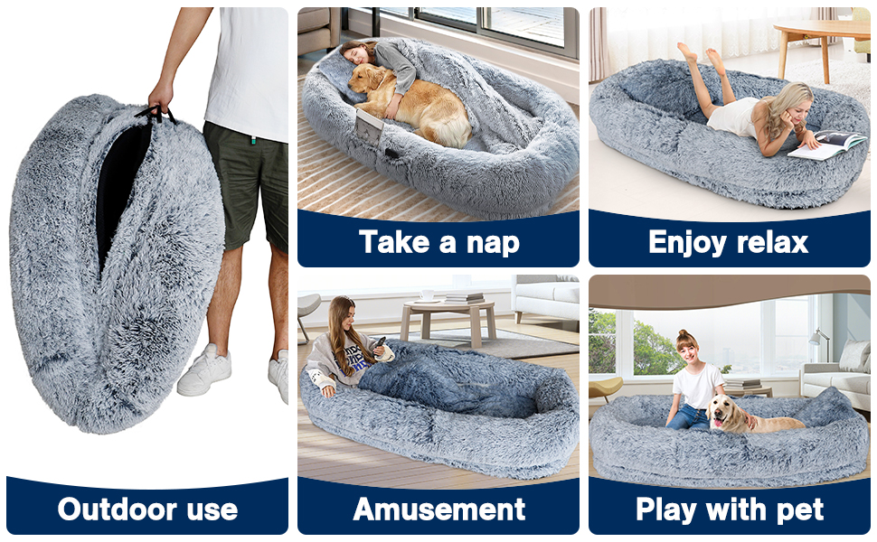 Ліжко для собак Jolitac 6XL, розмір для людини, сіре, 185x110x35 см. Зручне, миється, для великих собак та людей