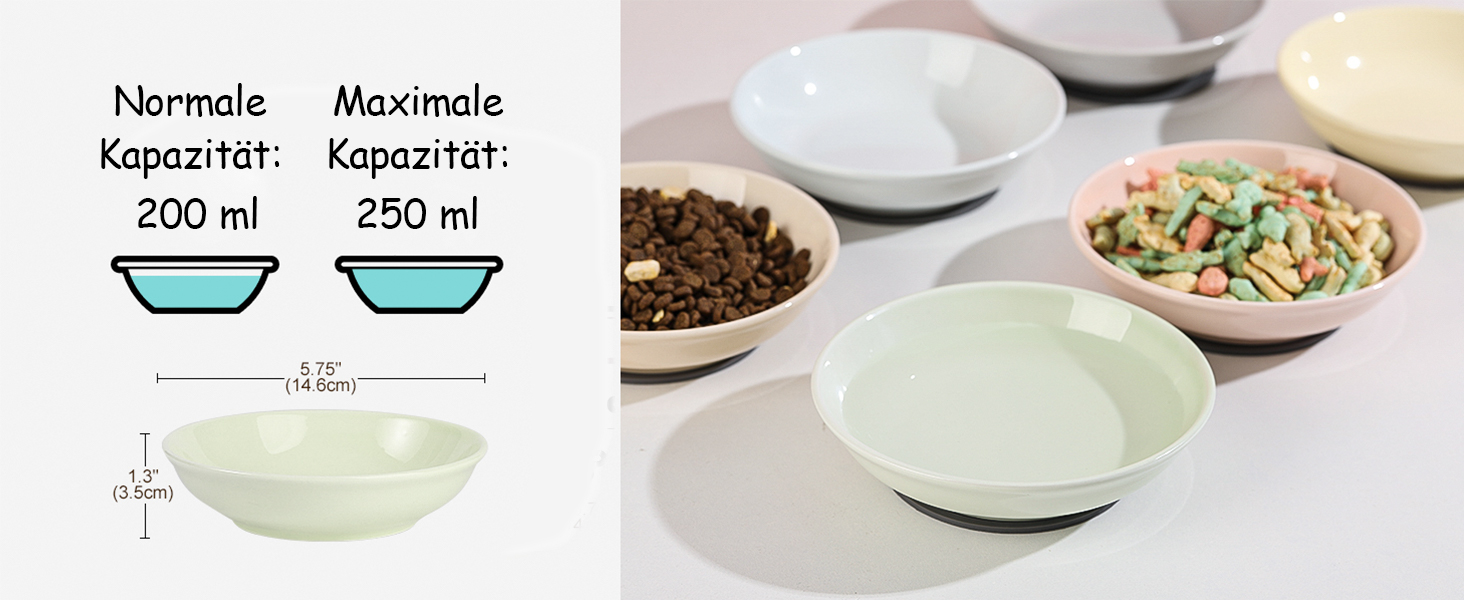 Набори мисок для котів з кераміки Katzennäpfe - 6 шт. Миски для корму котів у пастельних тонах. Широкі, плоскі, з міні-силіконовими подушечками. Підходять для мікрохвильової печі та мийки. Об'єм 250 мл, 6 кольорів