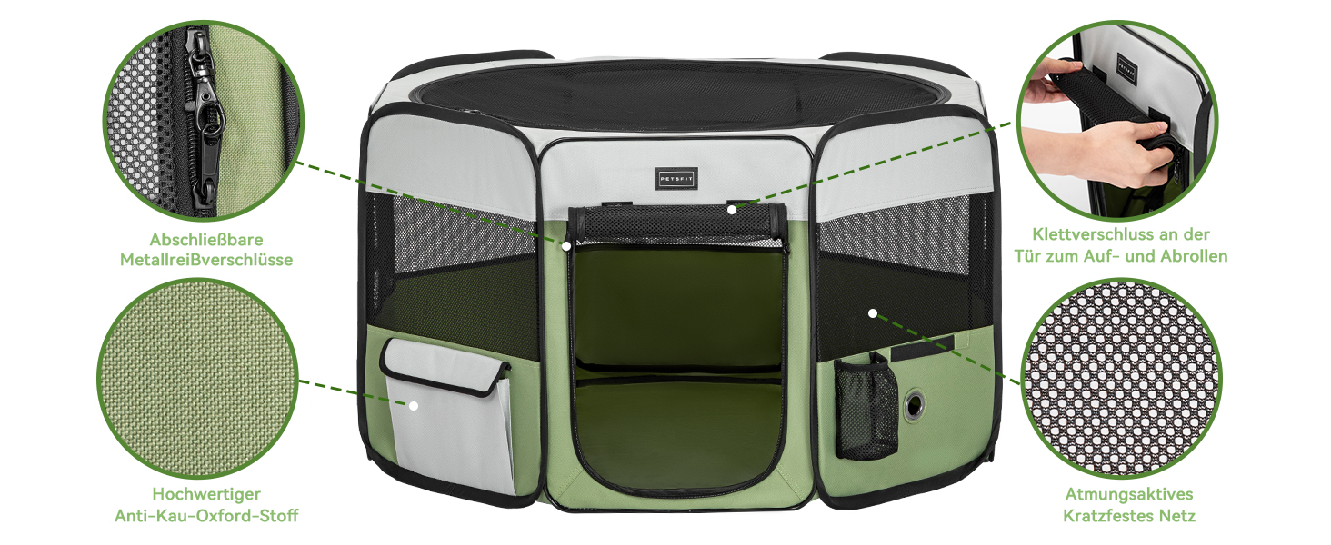 PETSFIT Розкладний вольєр для цуценят та дрібних тварин, вольєр для собак та котів, з водонепроникним дном, Pop-up система, захист від гризучих, 92 x 84 x 53 см (Сірий/Зелений)