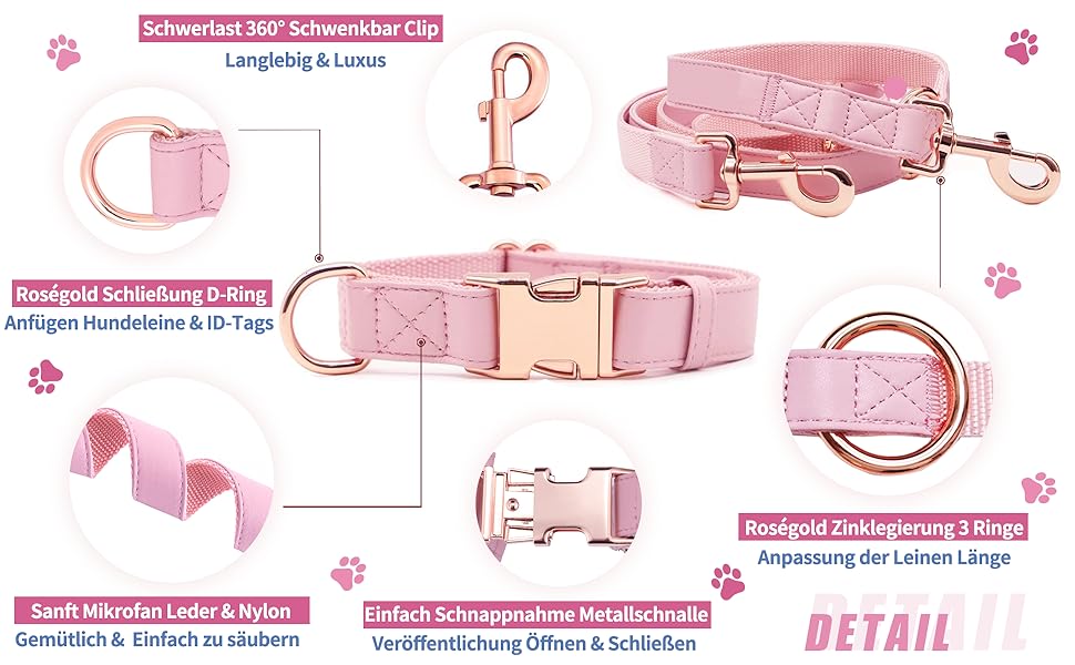 Набір повідця та нашийника для собак з м'якої шкіри (2м) - регульований поводок, стильна фурнітура Rose Gold, нейлонові повідці та нашийники для цуценят, собак маленьких, середніх та великих порід. Violett,M (обхват шиї 35-50см, ширина 2.5см). Колір: фіолетовий, блакитний