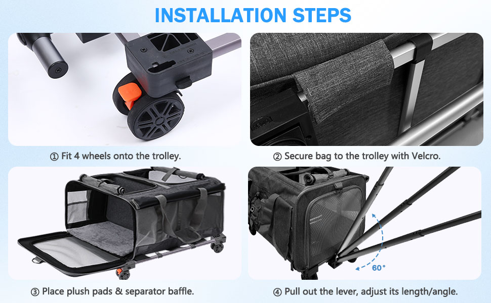 Транспортна переноска для котів та собак на 20 кг з 2 відділеннями, колесами та телескопічним ручками (чорна)
