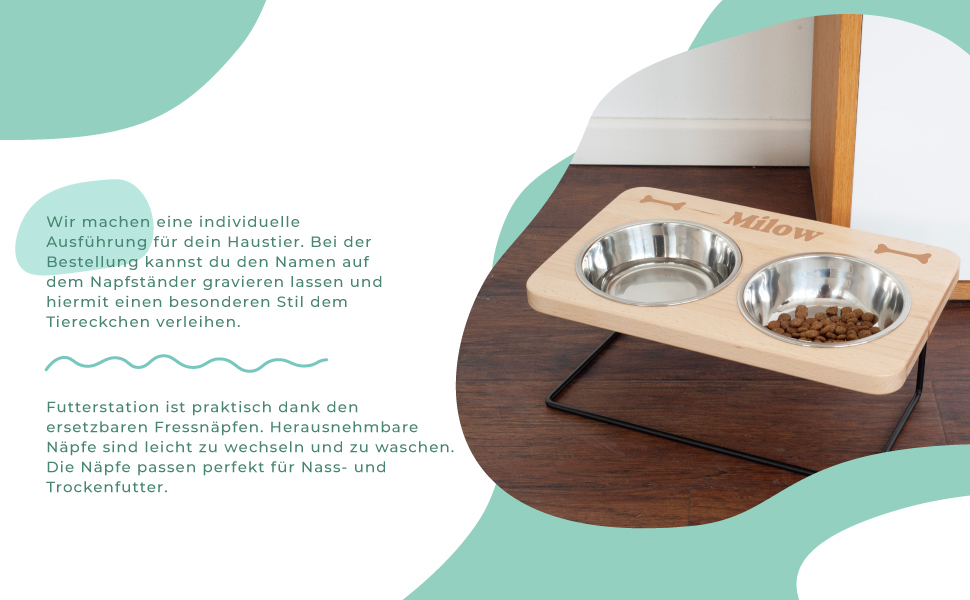 LAUBLUST: Годівниця для собак з іменем, об'єм 0,75 л, піднята годівниця, аксесуари для собак, підставка під миску, годівниця для котів, 41,5 x 25 x 18 см