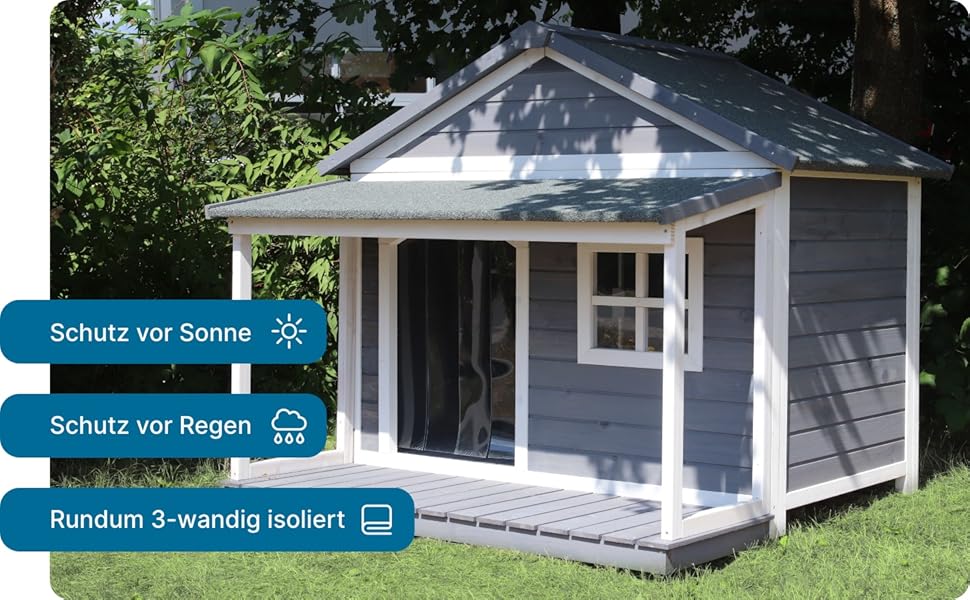 Будка для собак SunnyDogs з масивного дерева | Тепла та водовідштовхуюча будка з дахом та терасою | Розміри: 130 x 118 x 108 см