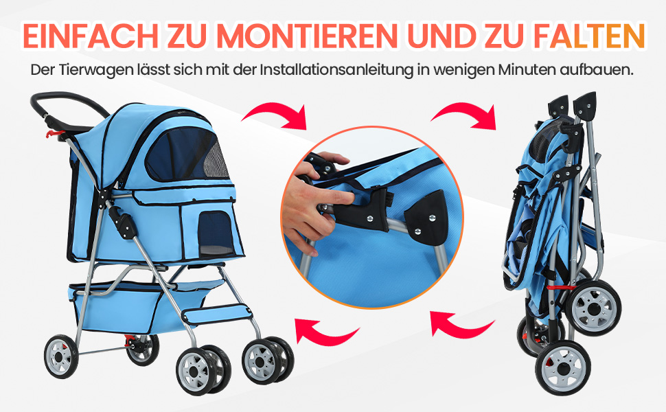 Візок для собак та котів, складний, блакитний, до 15 кг, з кошиком та килимком