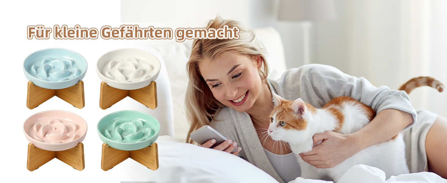 Антислизький годівниця для котів з кераміки з металевим підставкою - Підвищена годівниця проти захлинування - Лабіринтова миска для повільного годування - Рожевий (миска + бамбук - білий)