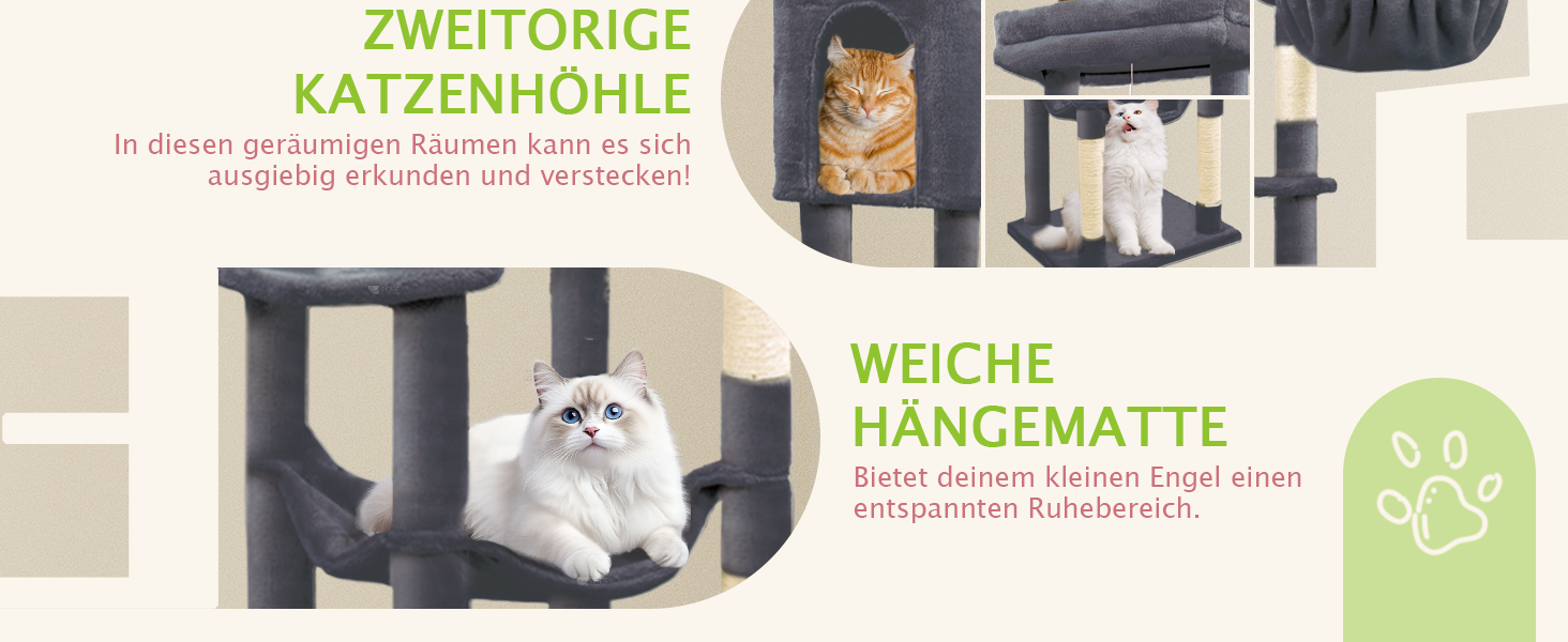 Котячий комплекс LEEJARD XXL: великий дерев'яний будиночок для котів з платформами, когтеточками, будиночком, гамаком, іграшками та захистом від перекидання (148 см, темно-сірий)