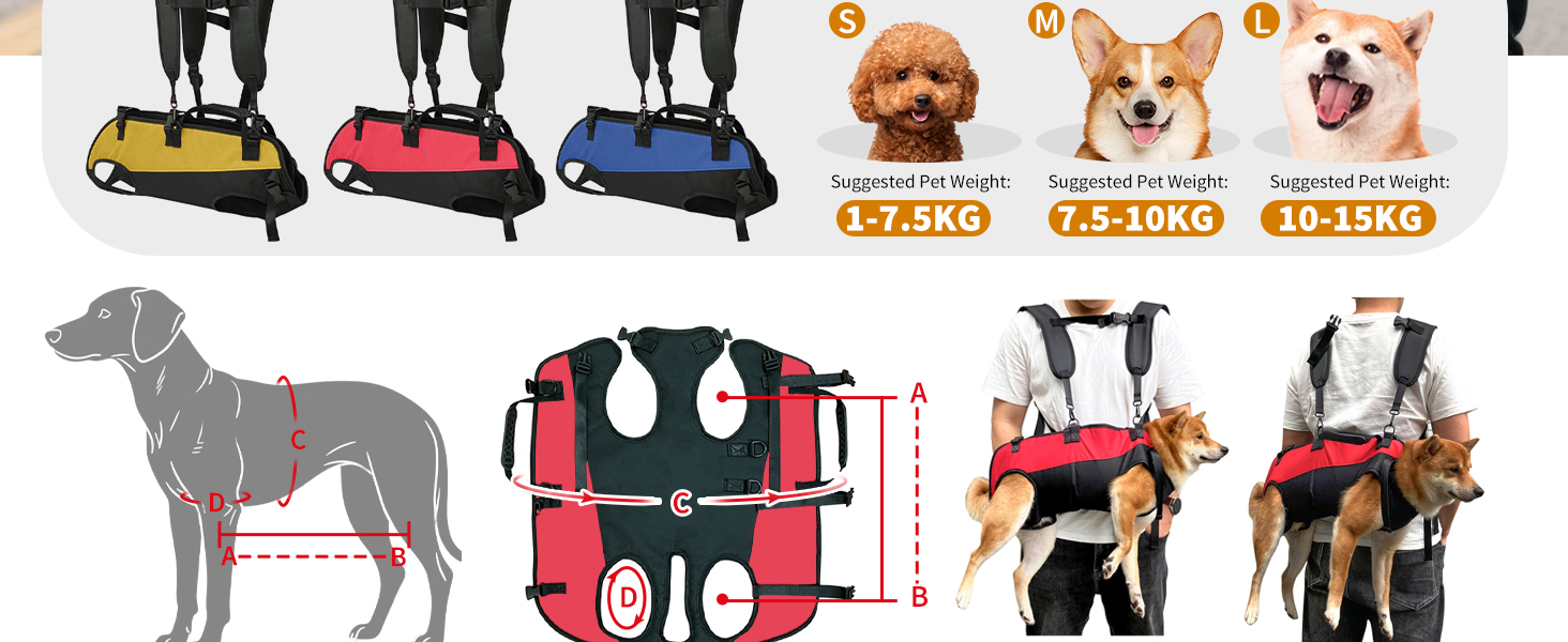 PETCUTE Рюкзак-переноска для собак, жилет-рюкзак для великих собак, повний жилет з ручкою, регульований рюкзак для собак з артритом, старих собак, з проблемами суглобів, чорний+червоний, 7.5-15 кг