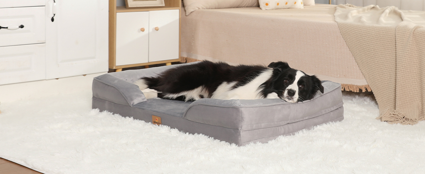 Ортопедичне ліжко для собак великих порід, ергономічне софа з піною у формі яйця, вологостійке, неслизьке ліжко для собак 97x71см, світло-сірий, L 97 x W 71 x H 17 см