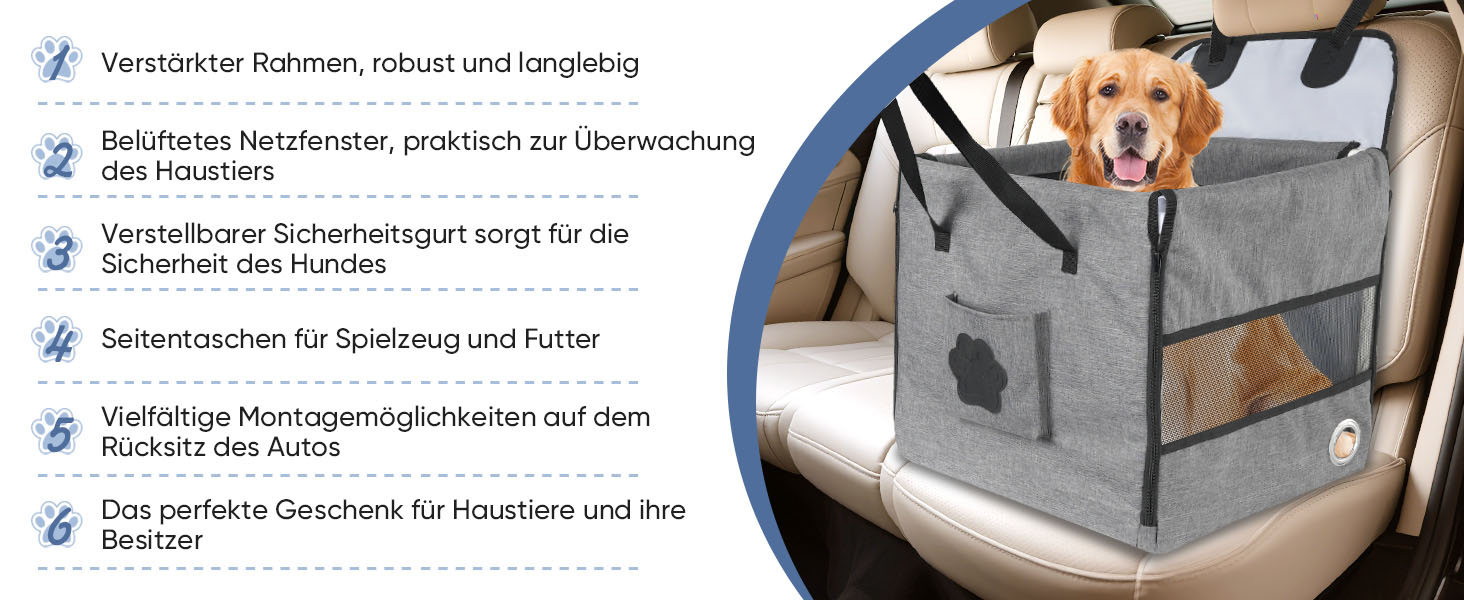 Автокрісло для собак 44x40x40 см – міцне автокрісло з ременем безпеки та сіткою – складний собачий кошик для заднього сидіння авто для маленьких та середніх собак, водонепроникне та зручне