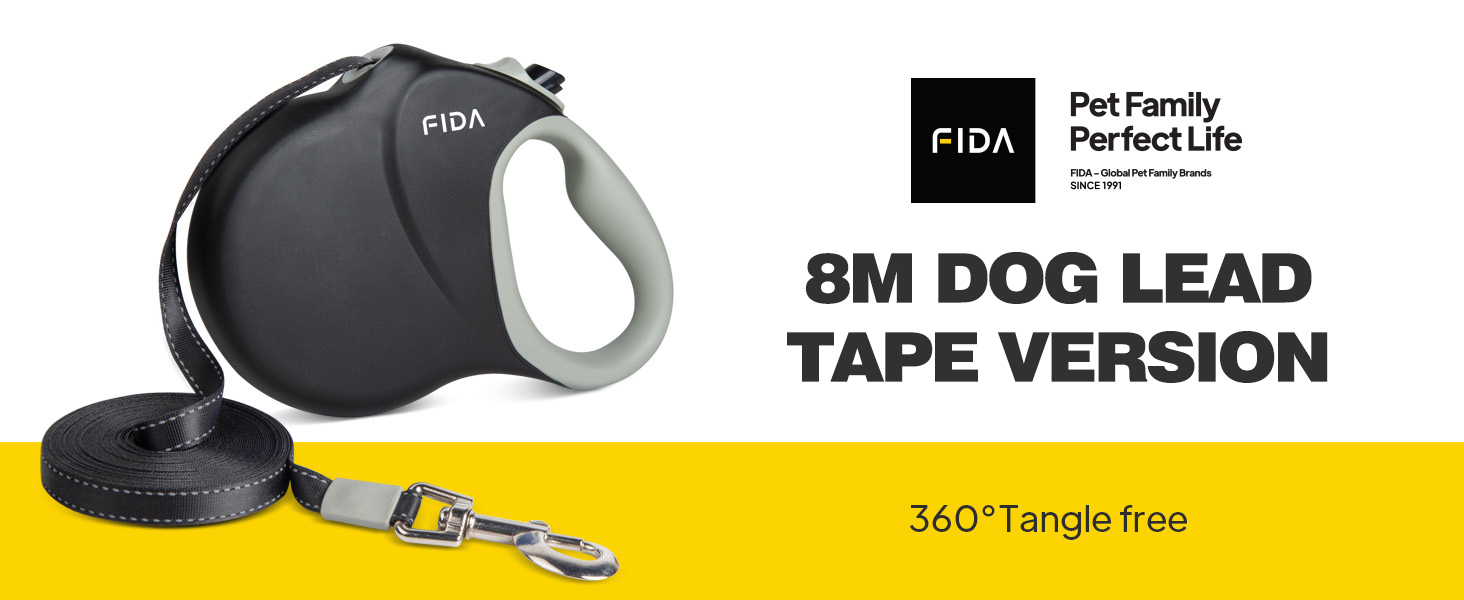 Рулетка для собак Fida 8м, чорна, до 50 кг, 2025