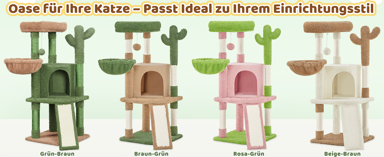 Дім-когтеточка для котів Yaheetech Kaktus: стабільна конструкція, оглядові платформи, печера, лежанка, сизаль, бежево-коричневий (коричнево-зелений, M)