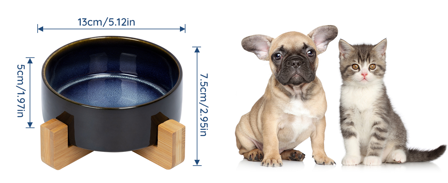 Набір мисок для собак та котів SPUNKYJUNKY з кераміки, 2 шт., 400 мл, блакитний, з підставкою з бамбука
