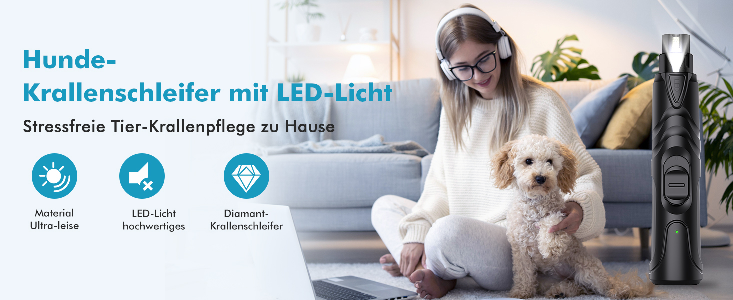 Шліфувальник для собак ETENTOUS: професійний, тихий, з 3 насадками та ножицями для догляду за кігтями. Підходить для собак великих, середніх та малих порід. Чорний колір.