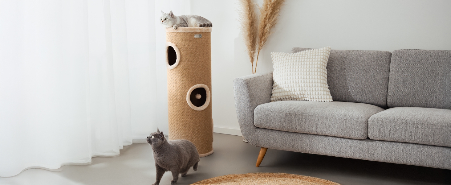 Котячий когтетоп Lionto з сизалю з іграшковим м'ячиком та плюшевим обідком, висота 50 см. Стабільний когтетоп для кошенят та дорослих котів, ідеальний догляд за кігтями та розваги, багато місць для хованнів, діаметр 36 см, висота 50 см (джут, висота 70 см)