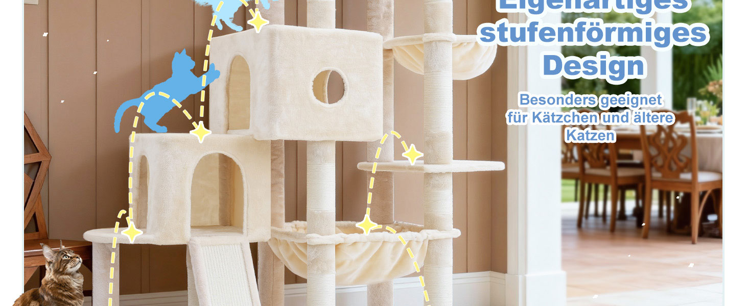 Котячий будиночок Hey-brother Kratzbaum: велика платформа, 2 печери, гамак, дряпальня з сизалю, кошик, 127 см, MPJ071W (Бежевий)