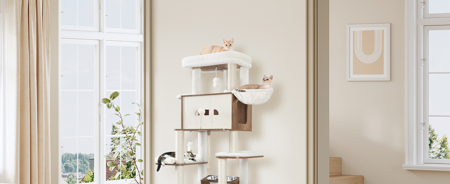 Драбина-кіготь для котів з туалетом, годівницею, 173 см, велика платформа, мотузка сизаль, гамак, знімний килимок, іграшки-кульки, білий та коричневий колір CB89014WT