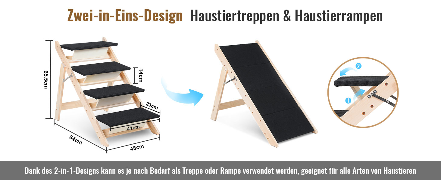 Сходинка для собак Vigevee 2-в-1: розкладна сходинка для домашніх тварин, 65.5 см, 4 сходинки, максимальне навантаження 80 кг, з антиковзким килимком для собак та котів