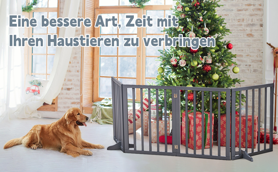 Захисне ґратка для собак Fellie, дерев'яне, без свердління, сірий, 4 панелі (183x60 см)