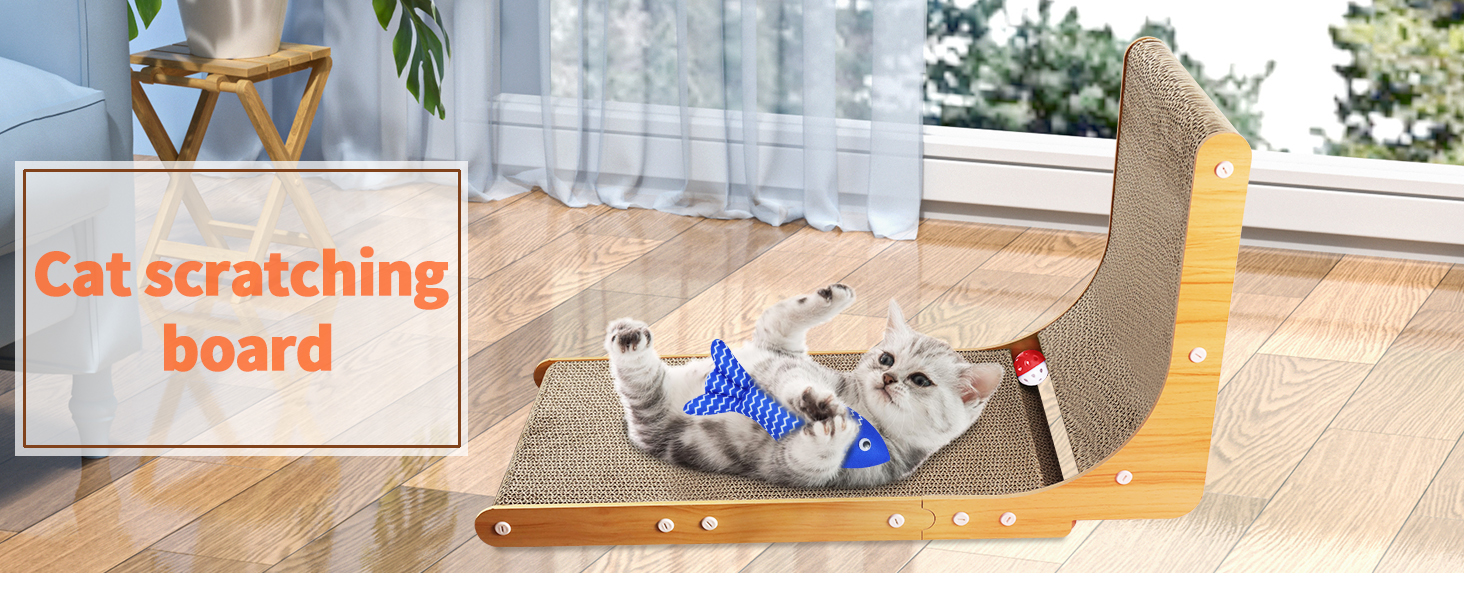 Котяча дряпка L-подібної форми, 68 см, з дзвіночком, рибкою та мишкою, з якісного картону, для стін, задовольняє природну потребу в дряпанні, XXL