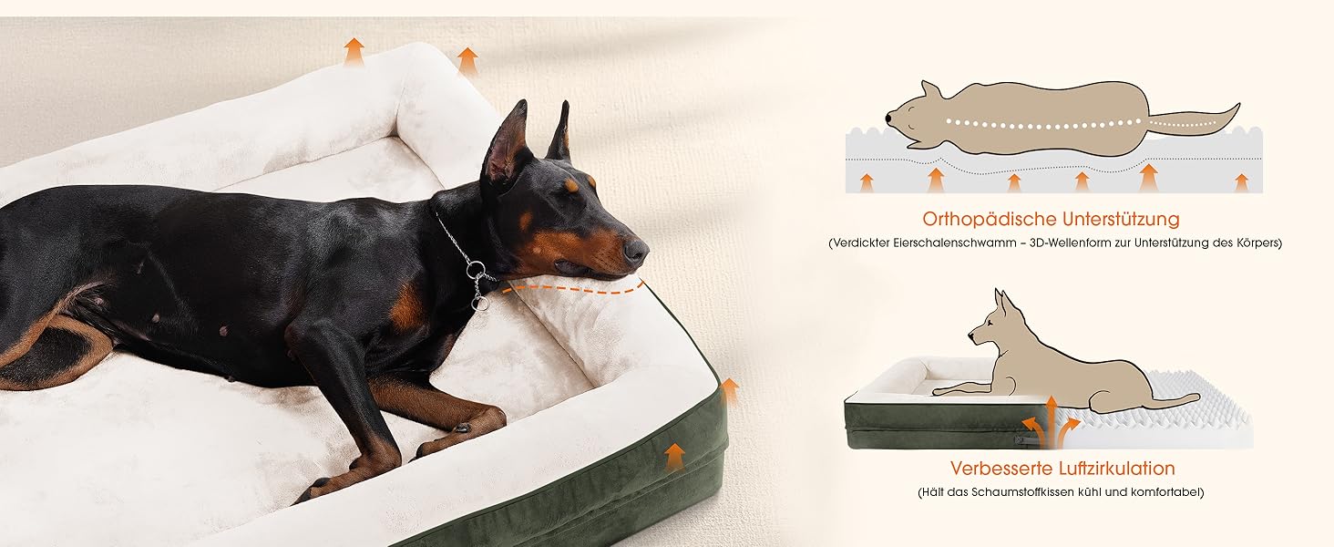 Ортопедичне ліжко для собак XL, корзина для собак, що стирається, з яєцевидною піною, вологостійкий диван для собак з неслизьким дном та чотиристоронньою подушкою (91x61x18 см, оливковий)