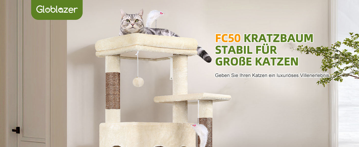 Дерев'яний комплекс для котів Globlazer з будиночком, платформами та іграшками, 127 см, бежевий (XL)