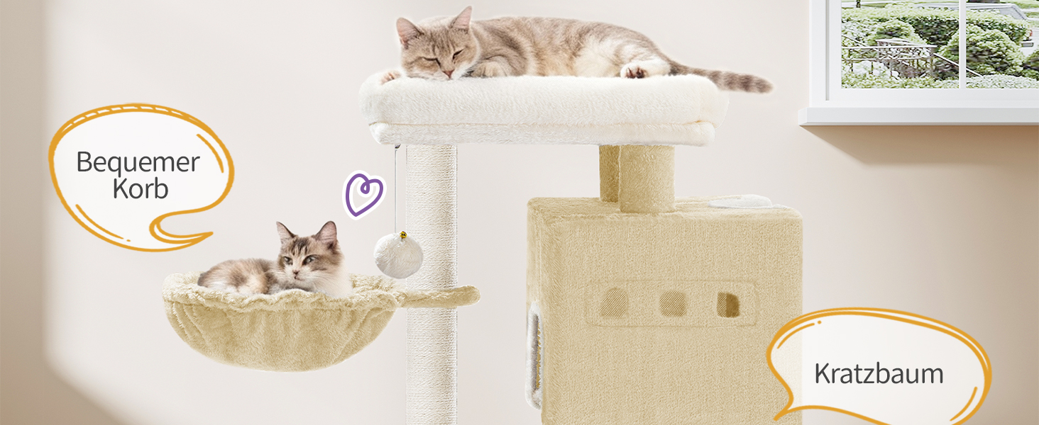 Дерево для кігтів Hzuaneri Kratzbaum 75 см, стійкий, з великою лежанкою, гrottoм, сизалевими стовпами, кошиком та іграшками, меблі для котів, MS07618LG (55 x 30 x 75 см, бежевий)