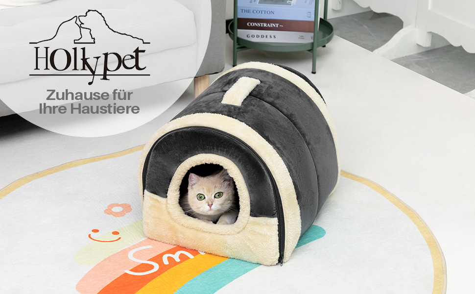 Hollypet Ліжко для котів і малих собак 2-в-1, складане, тепла кришталево-оксамитова будка, для дому та вулиці, темно-сіра