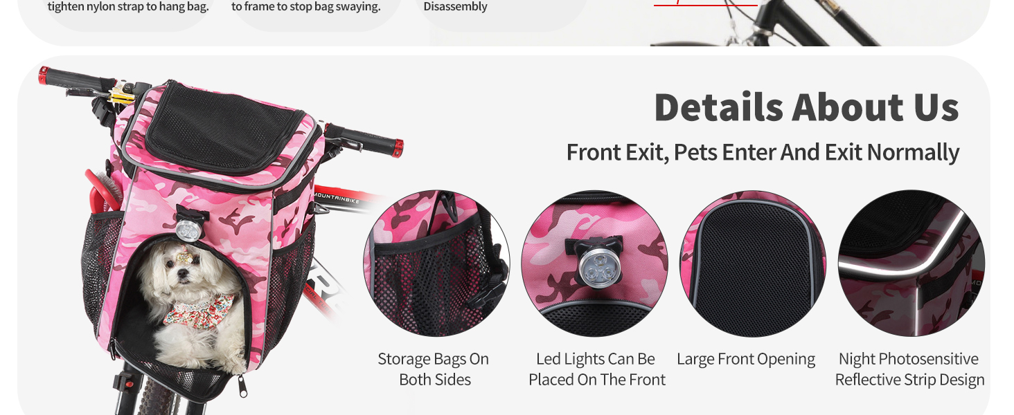 PETCUTE Фарбований велосипедний кошик для собак та котів, дихаючий, з світловідбиваючими смугами, камуфляж рожевий