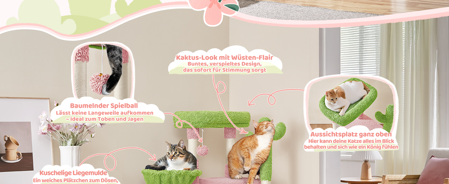 Когтеточка-будинок для котів Yaheetech Kaktus, 106.5 см, бежево-коричнева, з оглядовою платформою та печереєю