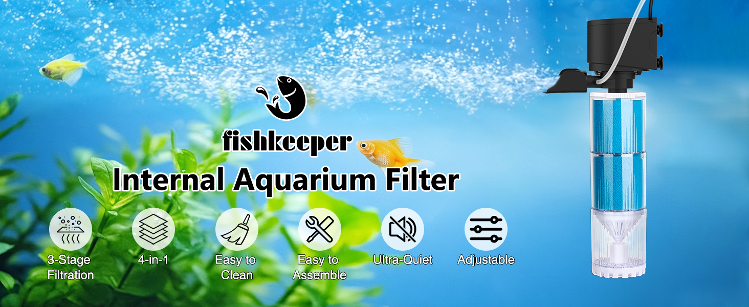 Акваріумний фільтр Fishkeeper 10W, 570 л/год: внутрішній фільтр з регулюванням потоку, 4-в-1, тихий, для акваріумів 60-300 л, легко миється