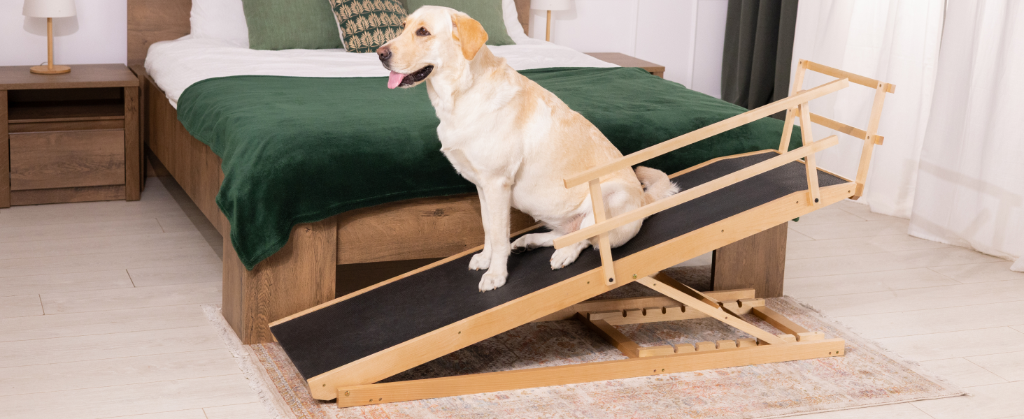 Сходинки для собак до ліжка з поручнями - для великих собак до 90 кг - регульована висота до 94.5 см - ширина 49.5 см - складаються - антиковзні ручки - з натурального березового дерева - колір натуральний
