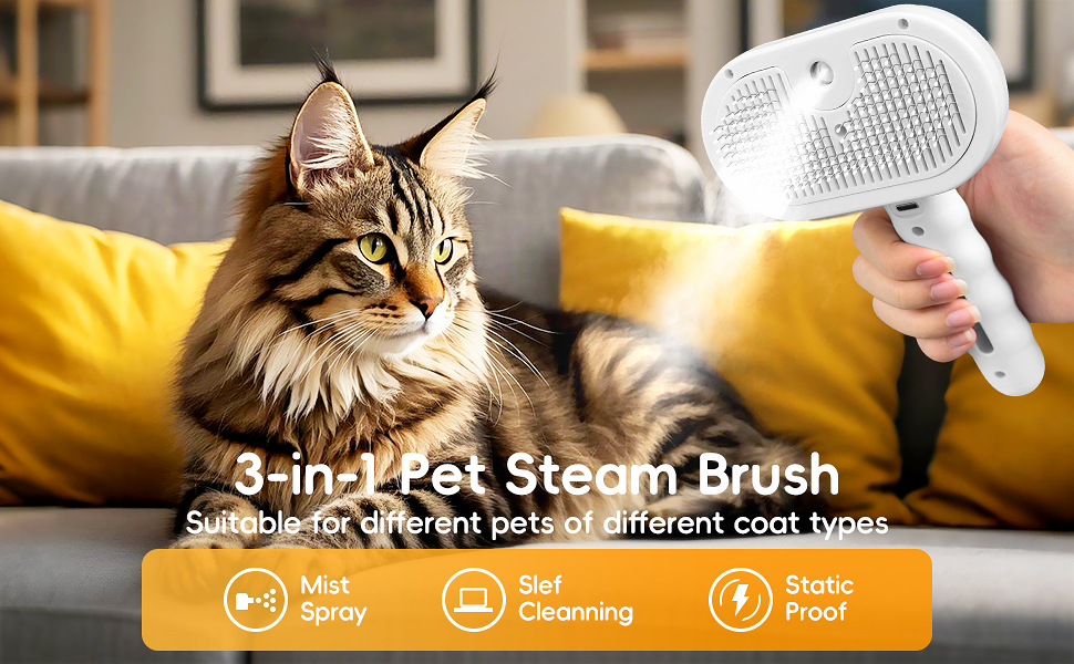 Буршлюк для котів з парою, універсальна щітка для догляду за тваринами для котів та собак, щітка для собак з парою для видалення шерсті, масажна щітка для грумінгу, підходить для довгошерстих та короткошерстих тварин білого кольору