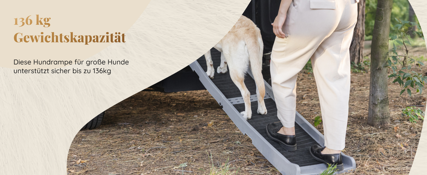 Рампа для собак у машину, складана – 174 см, 38 см – протиковзка гумова поверхня, для великих собак – стійка сходинка для авто та SUV – вантажопідйомність 136 кг – чорна (світло-сіра)