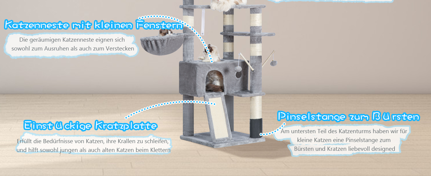 Котячий будиночок Hey-brother Kratzbaum: регульований котячий комплекс 250-280 см, до стелі, для великих котів, з гніздом, сірий, 0MPJ091W