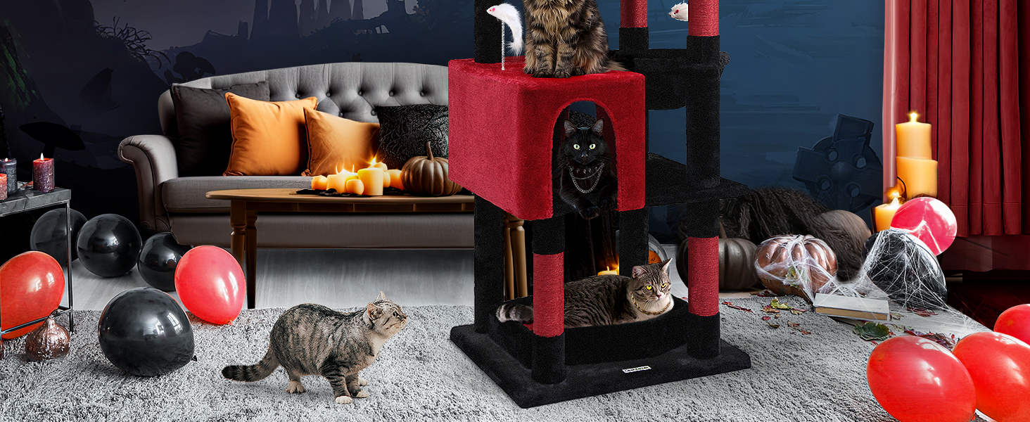 Дім-дерево для котів Globlazer Gotisch XXL: міцний, чорно-червоний, 183 см, з гамаком, будиночком, платформами, корзиною. Підходить для великих порід (Maine Coon, BKH)