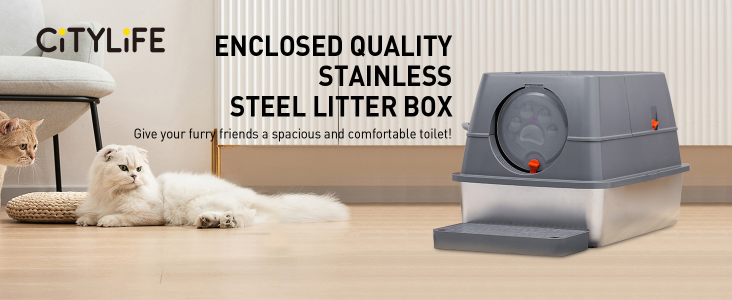 Лоток для котів Citylife Edelstahl з кришкою, XXL, закритий, з двошаровим килимком та совком, двостулковий, легко чиститься, з нейтралізацією запаху (Чорний)