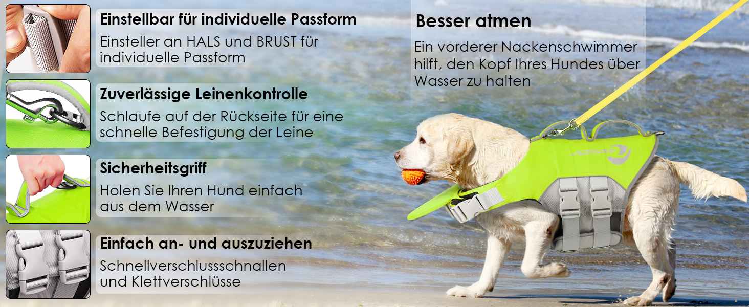 Спасальний жилет для собак ThinkPet, зелений, розмір M, регульований, з відбиваючими елементами