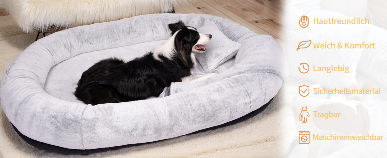 Крісло-мішок NESTROAD для собак та людей, 180x114x35 см, знімний чохол з штучного хутра, ковдра та подушка, сірий колір