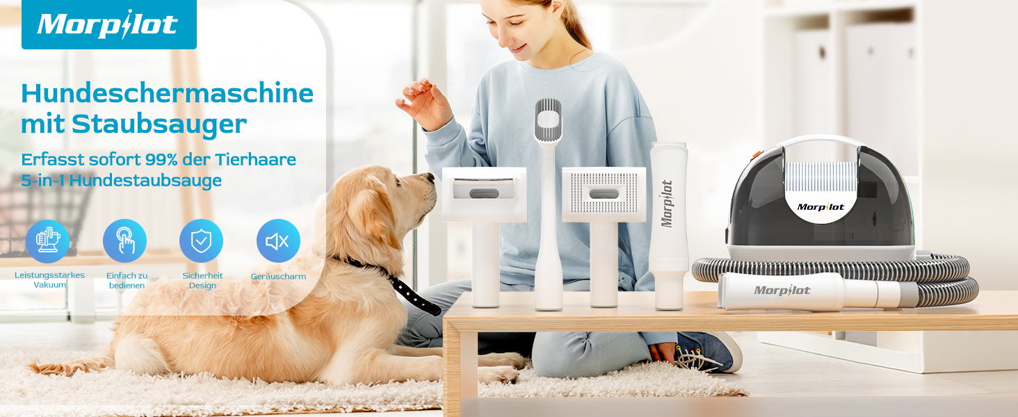 Електрична машинка для стрижки собак Morpilot з пилососом та насадкою-щіткою, 12000Pa, білий колір