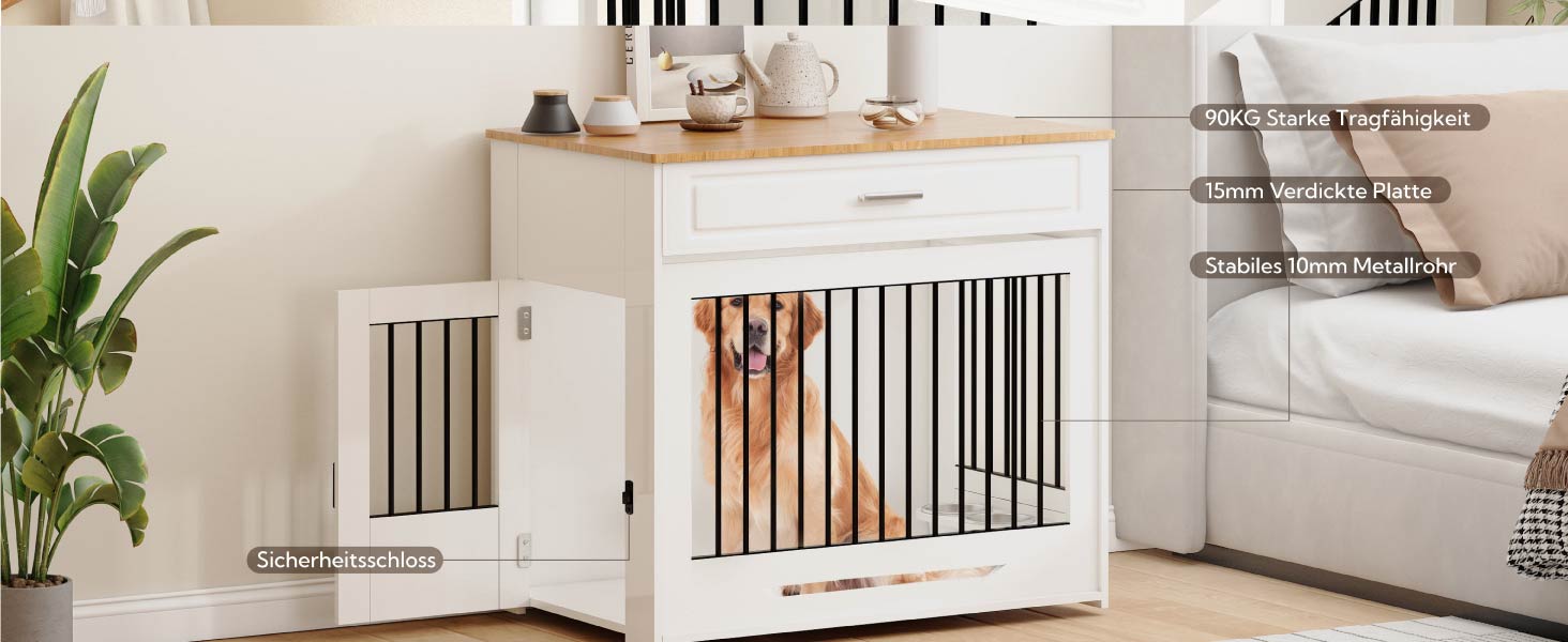 DAWNYIELD Клітка для собак, меблі для тварин, дерев'яний вольєр з відкриваючимся верхом, шухляда, меблевий стиль, внутрішній вольєр для собак, стіл з поворотним мисником на 360°, білий колір, ковзаюча дверцята білого кольору