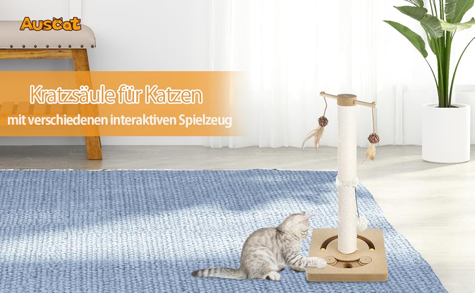 Котячий кігтеточильний стовпчик AUSCAT з інтерактивними іграшками, 63 см, бежевий