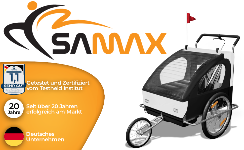 SAMAX Fahrradanhänger Jogger 2в1: Дитячий велопричіп-коляска для 2 дітей, підвісна вісь, білий/чорний - срібна рама