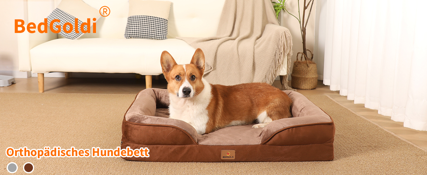 Ортопедичне ліжко для собак великих порід, ергономічне диван-лежанка з піною у формі подушки, водовідштовхуваче ліжко з неслизьким покриттям, 89x63 см, світло-сірий, коричневий, розмір 89 x 63 x 17 см