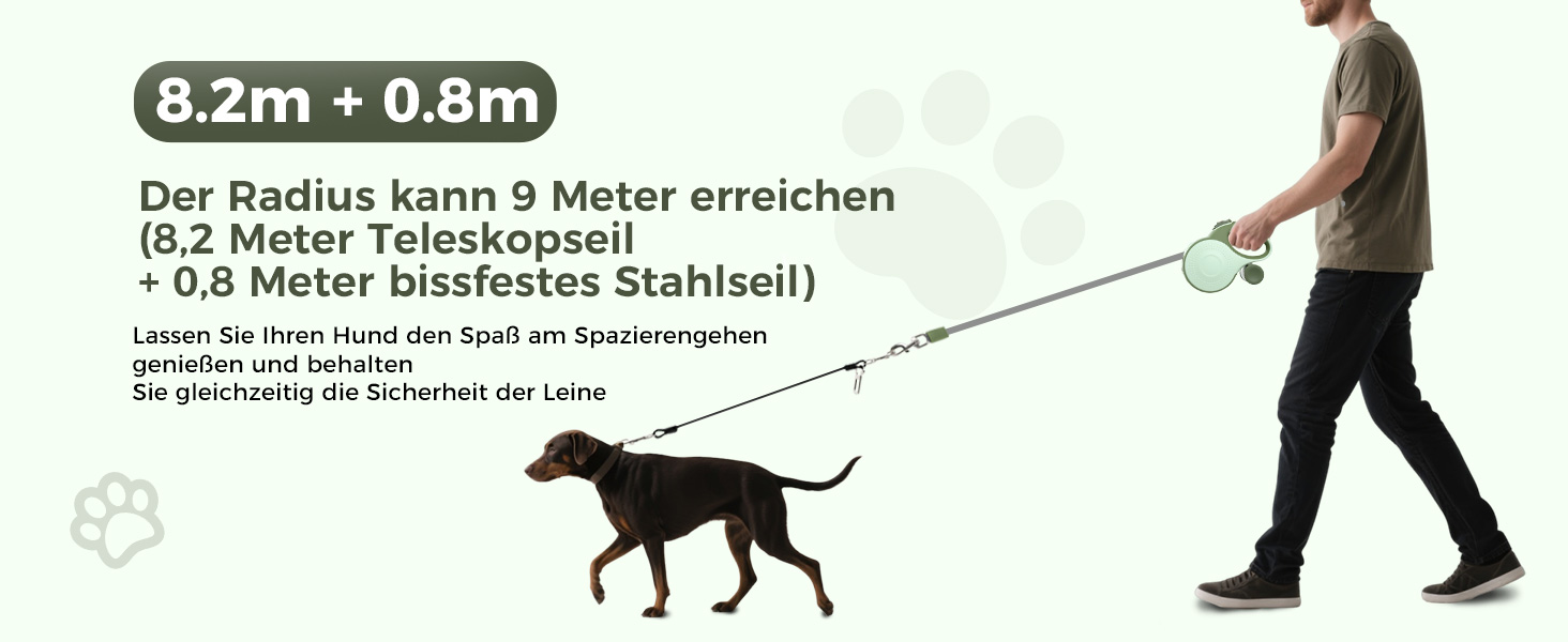 Рулетка для собак BMaobbo 8м, міцна сталева лебідка, тримач для відходів, антизаплутування, швидке гальмування, для собак до 50кг, для тренувань, лісу, пляжу